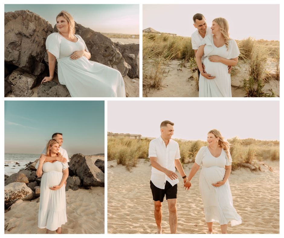a collage of photos from a maternity session in Sandy Hook Beach, New Jersey