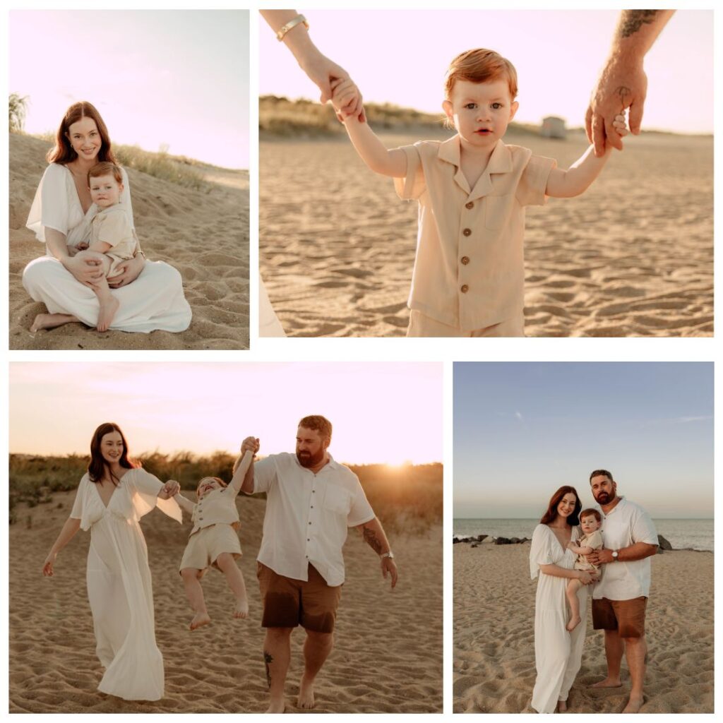 a collage of photos from a family session at Sandy Hook Beach in New Jersey