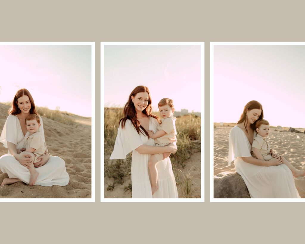a collage of photos of a mother and son on Sandy Hook Beach in New Jersey