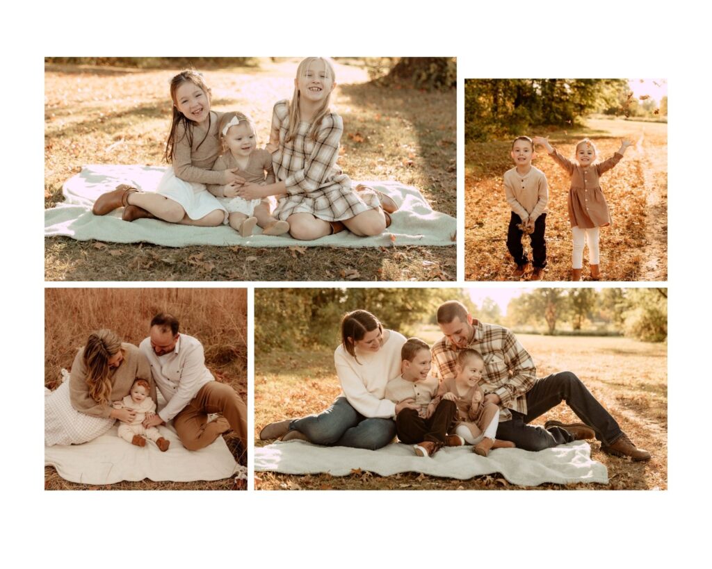 A collage of fall family photos in a park in Union County, New Jersey. 