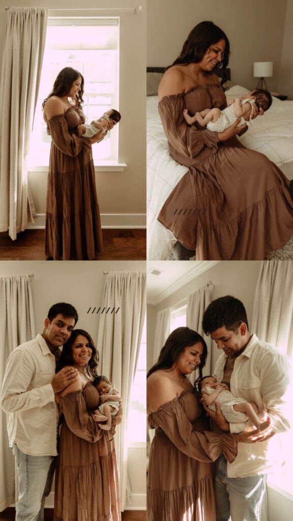 a collage of photos of an in home newborn session in New Jersey