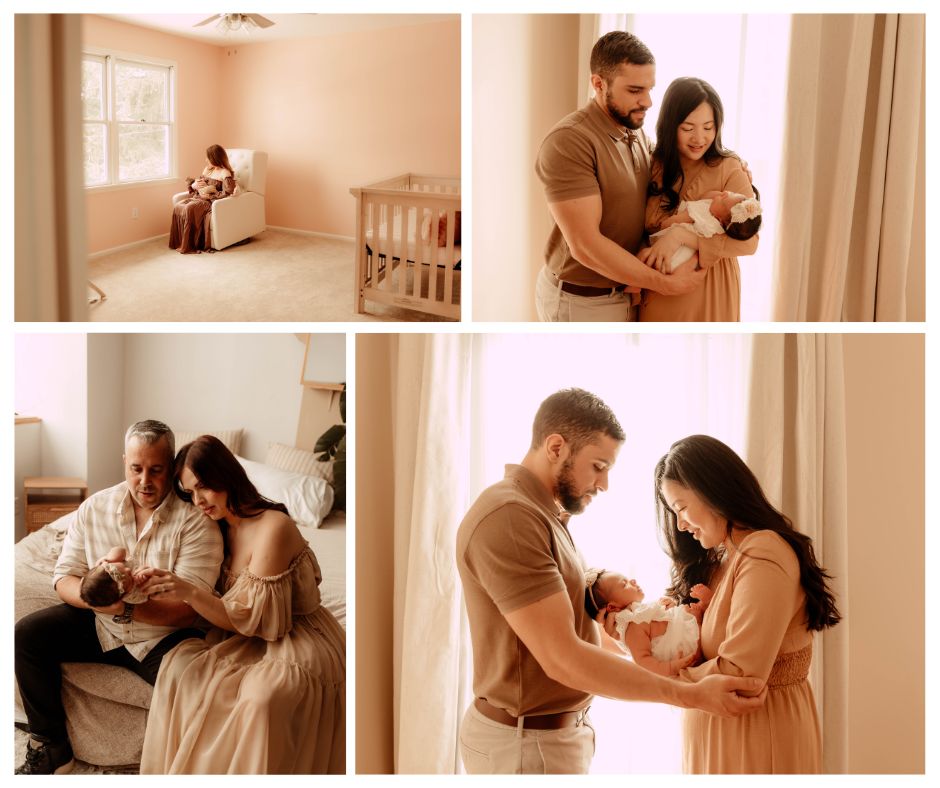 a collage of photos of an in home newborn session in New Jersey