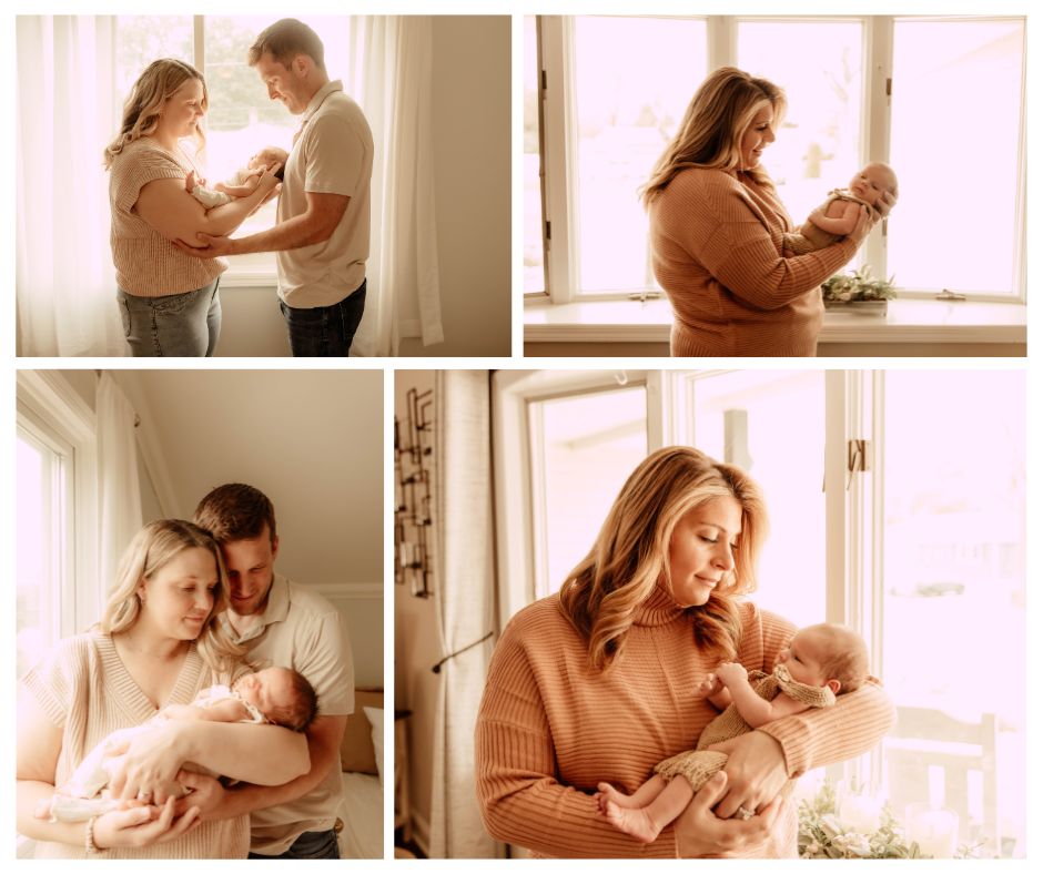 a collage of photos of an in home newborn session in New Jersey