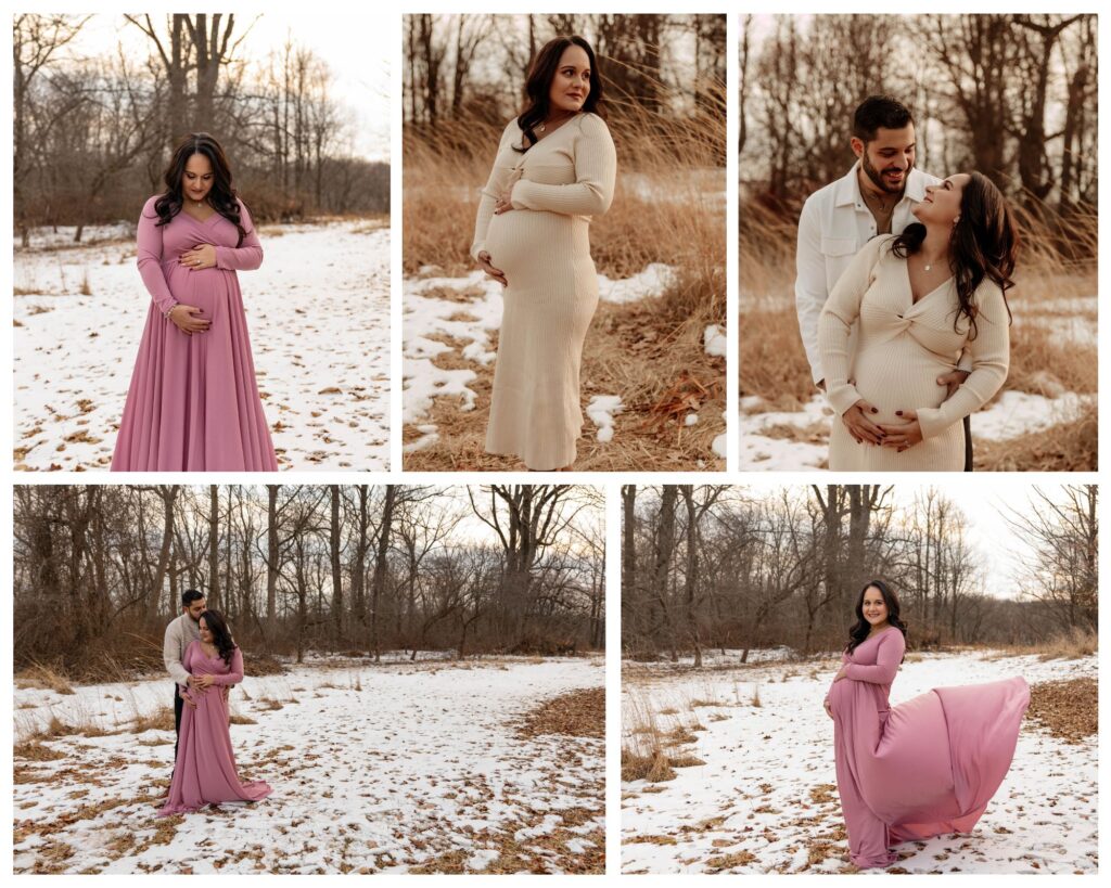 A collage of photos from a winter maternity session at Cross Estate Gardens.
