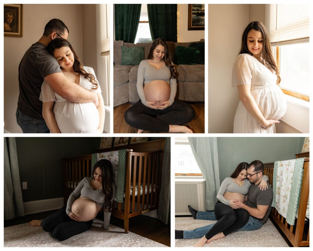 A collage of photos from an in-home winter maternity session in New Jersey. 