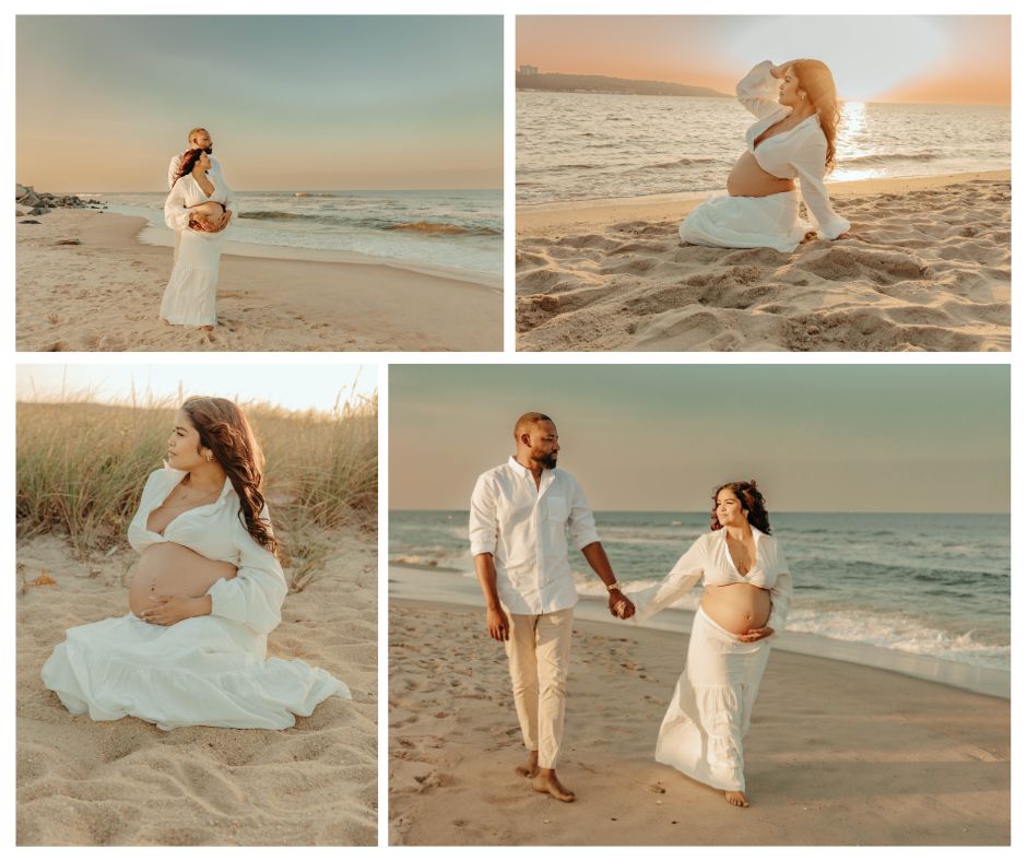 a collage of photos from a New Jersey beach maternity session