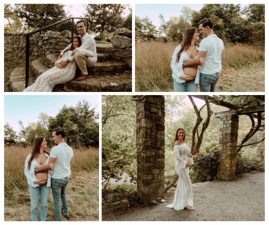 a couple on a maternity session at Cross Estate Gardens in Somerset County New Jersey