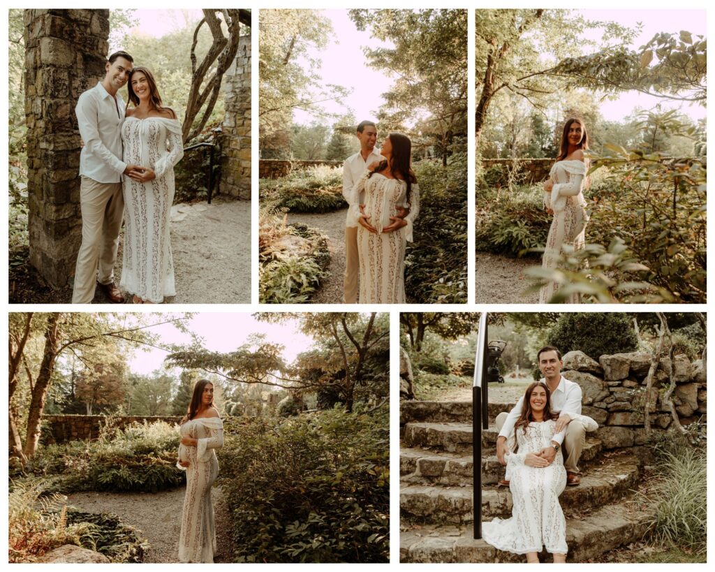 A collage of photos from a maternity session at Cross Estate Gardens in New Jersey. 